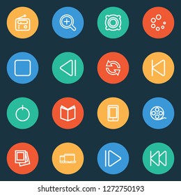 Music icons line style set with previous, film reel, magnifier and other zoom in elements. Isolated vector illustration music icons.