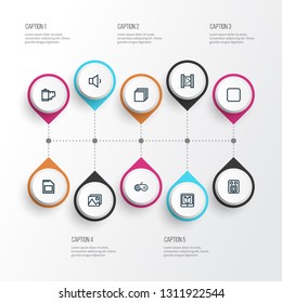 Music icons line style set with film, joystick, amplifier and other pause elements. Isolated vector illustration music icons.
