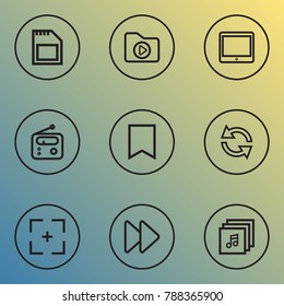Music icons line style set with music, flag, synchronize and other tuner elements. Isolated vector illustration music icons.