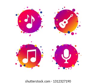 Music icons. Microphone karaoke symbol. Music notes and acoustic guitar signs. Gradient circle buttons with icons. Random dots design. Vector