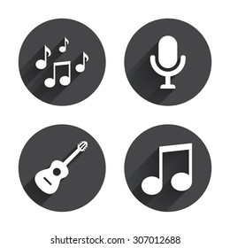 Music icons. Microphone karaoke symbol. Music notes and acoustic guitar signs. Circles buttons with long flat shadow. Vector
