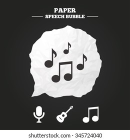 Music icons. Microphone karaoke symbol. Music notes and acoustic guitar signs. Paper speech bubble with icon.
