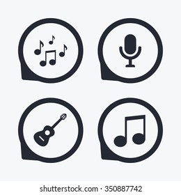 Music icons. Microphone karaoke symbol. Music notes and acoustic guitar signs. Flat icon pointers.