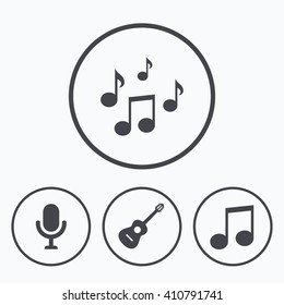 Music icons. Microphone karaoke symbol. Music notes and acoustic guitar signs. Icons in circles.