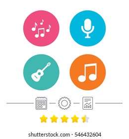 Music icons. Microphone karaoke symbol. Music notes and acoustic guitar signs. Calendar, cogwheel and report linear icons. Star vote ranking. Vector