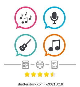 Music icons. Microphone karaoke symbol. Music notes and acoustic guitar signs. Calendar, internet globe and report linear icons. Star vote ranking. Vector