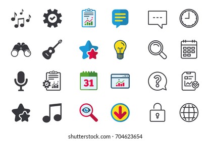 Music icons. Microphone karaoke symbol. Music notes and acoustic guitar signs. Chat, Report and Calendar signs. Stars, Statistics and Download icons. Question, Clock and Globe. Vector