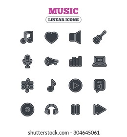 Music icons. Musical note, acoustic guitar and microphone. Notebook, dynamic and headphones symbols. Line icon with black border. Vector