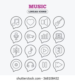 Music icons. Musical note, acoustic guitar and microphone. Notebook, dynamic and headphones symbols. Linear icons in speech bubbles.