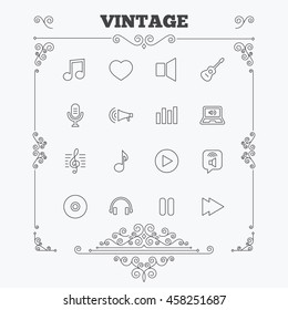 Music icons. Musical note, acoustic guitar and microphone. Notebook, dynamic and headphones symbols. Vintage ornament patterns. Decoration design elements. Vector