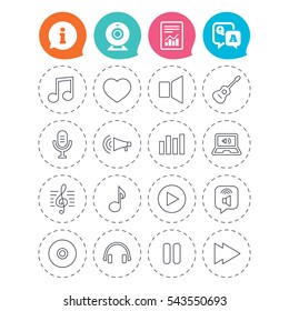 Music icons. Musical note, acoustic guitar and microphone. Notebook, dynamic and headphones symbols. Information, question and answer icons. Web camera, report signs. Vector