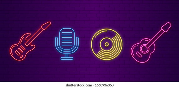 Music icons. Neon musical instruments signs. Guitars, microphone and cd disc light glow symbols for media, karaoke bar, festival or awards vector set