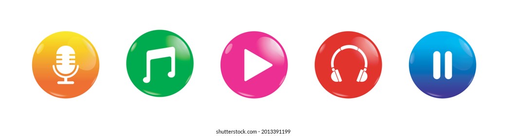 Musiksymbole auf glänzendem Knopf, Mikrofon, Noten, Abspielen, Stopp, Kopfhörer, Vektorsymbol einzeln auf weißem Hintergrund. 