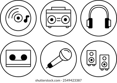 Iconos de la música en un fondo blanco, registro del gramófono, auriculares, casete, altavoces de la música