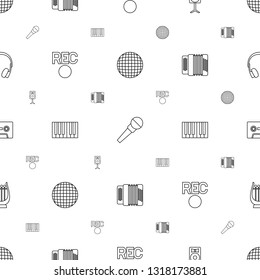 music icons pattern seamless white background. Included editable line disco ball, microphone, loudspeaker, rec, piano, harmonic, cassette icons. music icons for web and mobile.