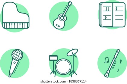 music icons: piano, guitar, notes,microphone, drums, flute