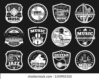 Music icons for recording studio or record label and jazz festival or karaoke club. Vector musical instruments of synthesizer, piano or vinyl disk and orchestra harp for concert or music studio