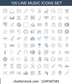 music icons. Set of 100 line music icons included microphone, globe download, music note, control panel on white background. Editable music icons for web, mobile and infographics.