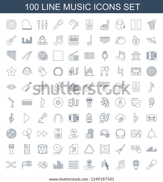 music\
icons. Set of 100 line music icons included microphone, globe\
download, music note, control panel on white background. Editable\
music icons for web, mobile and\
infographics.