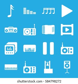 music icons set. Set of 16 music filled icons such as piano toy, equalizer, radio, play, pause, record player, harmonic, loud speaker with equalizer, music note, loudspeaker