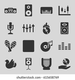 Music icons set. set of 16 music filled icons such as piano toy, bird, stop, loudspeaker, record player, microphone, CD fire, CD on hand, disc and music note, maraca