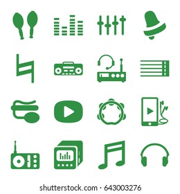 Music icons set. set of 16 music filled icons such as bell, radio, pin microphone, equalizer, guitar strings, music note, record player, maracas, phone and earphones