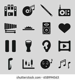 Music icons set. set of 16 music filled icons such as ear, emoji listening music, loud speaker set, pause, loudspeaker, xylophone, heart, note, drum, play, camera wheel, radio