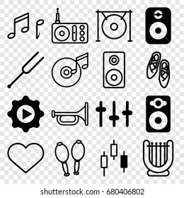 Music icons set. set of 16 music filled and outline icons such as equalizer, speaker, play in gear, radio, tonometer, maracas, gong, heart, note, loudspeaker