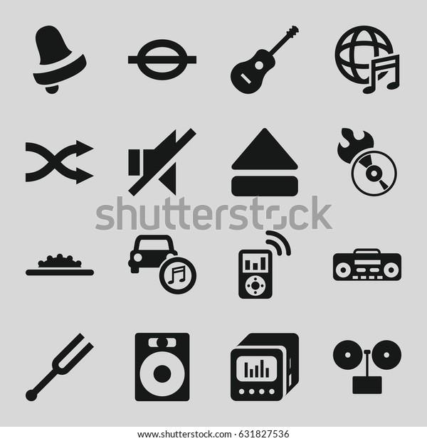 Music icons set. set of\
16 music filled icons such as bell, disc flame, no sound, eject\
button, tonometer, record player, guitar, loud speaker with\
equalizer, shuffle