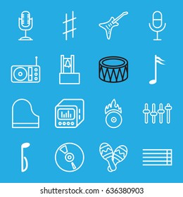 Music icons set. set of 16 music outline icons such as microphone, guitar strings, music note, cd, radio, piano, drum, guitar, loud speaker with equalizer, cd fire