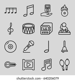 Music icons set. set of 16 music outline icons such as treble clef, musical instrument, microphone, drum, maracas, mp3 player on hand, loud speaker with equalizer, cd fire