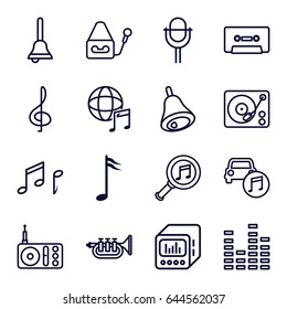 Music icons set. set of 16 music outline icons such as radio, equalizer, microphone, cassette, gramophone, loud speaker with equalizer, trumpet, note, bell