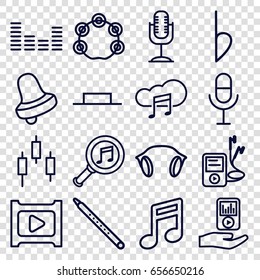 Music icons set. set of 16 music outline icons such as bell, microphone, music pause, equalizer, mp3 player, mp3 player on hand, earphones, bemol, tambourine, play, note