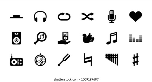 Music icons. set of 18 editable filled music icons: music note, bird, radio, equalizer, tonometer, harmonica, mp3 player on hand, pause, shuffle, reload replay, heart, headset
