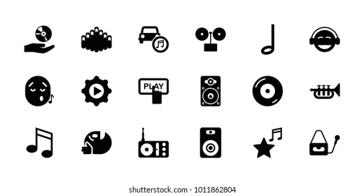Music icons. set of 18 editable filled music icons: finger pressing play button, gramophone, emoji, disc on fire, radio, microphone, loudspeaker, harmonica, play in gear