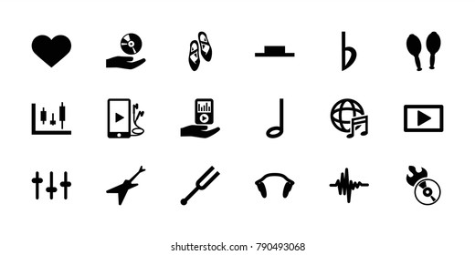 Music icons. set of 18 editable filled music icons: panel control, disc flame, equalizer, tonometer, maracas, phone and earphones, mp3 player on hand, earphones, bemol, heart