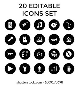 Music icons. set of 20 editable filled music icons such as gong, adjust, note, microphone, guitar, cd, play, loudspeaker, drum. best quality music elements in trendy style.