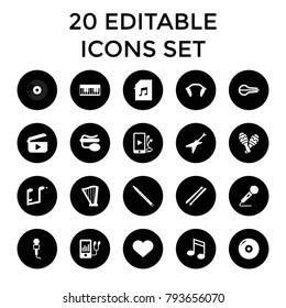 Music icons. set of 20 editable filled music icons such as disc, microphone, pin microphone, mp3 player, musical instrument, harp. best quality music elements in trendy style.