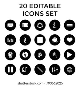 Music icons. set of 20 editable filled music icons such as dancing emoji, piano, microphone, equalizer, cd, cassette, play, pause. best quality music elements in trendy style.