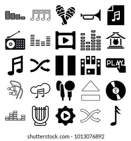 Music icons. set of 25 editable filled and outline music icons such as loud speaker set, microphone, play in gear, maraca, play, equalizer, harp, gong