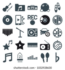 Music icons. set of 25 editable filled music icons such as dancing emoji, disc, piano, disco ball, microphone, music note, gramophone, record player, maracas, violin