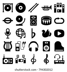 Music icons. set of 25 editable filled music icons such as treble clef, disc, bird, radio, microphone, loud speaker set, loudspeaker, piano, drum, gong, drum stick, bemol