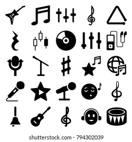 Music icons. set of 25 editable filled music icons such as adjust, treble clef, emoji listening music, microphone, control panel, equalizer, music note, guitar, drum, pause
