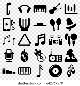 Music icons set. set of 25 music filled icons such as piano toy, bell, equalizer, disc on fire, disc flame, radio, music pause, piano, maracas, violin, phone and earphones