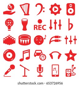 Music icons set. set of 25 music filled icons such as disc on fire, equalizer, rec, bass clef, microphone, harp, drum, harmonica, mp3 player, earphones, bemol, earphone wire