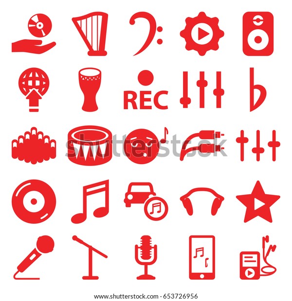 Music icons set.\
set of 25 music filled icons such as disc on fire, equalizer, rec,\
bass clef, microphone, harp, drum, harmonica, mp3 player,\
earphones, bemol, earphone\
wire