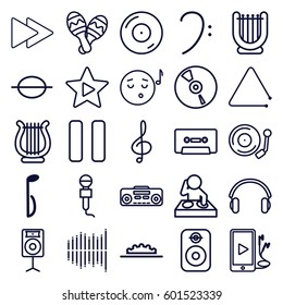music icons set. Set of 25 music outline icons such as disc on fire, microphone, treble clef, bass clef, music note, CD, cassette, pause, fast forward, record player