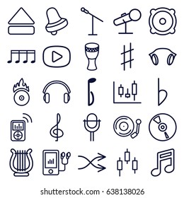 Music icons set. set of 25 music outline icons such as bell, mp3 player, music note, speaker, cd, eject button, microphone, earphones, cd fire, musical sharp, bemol, shuffle