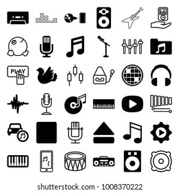 Music icons. set of 36 editable filled and outline music icons such as note, speaker, piano, bird, cassette, stop, eject button, record player, play in gear, disc, play