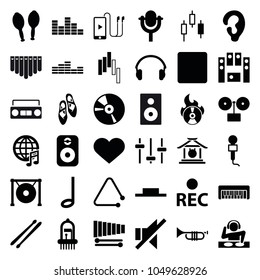 Music icons. set of 36 editable filled music icons such as ear, gramophone, control panel, microphone, record button, music pause, no sound, loud speaker set, cd, stop, xylophone